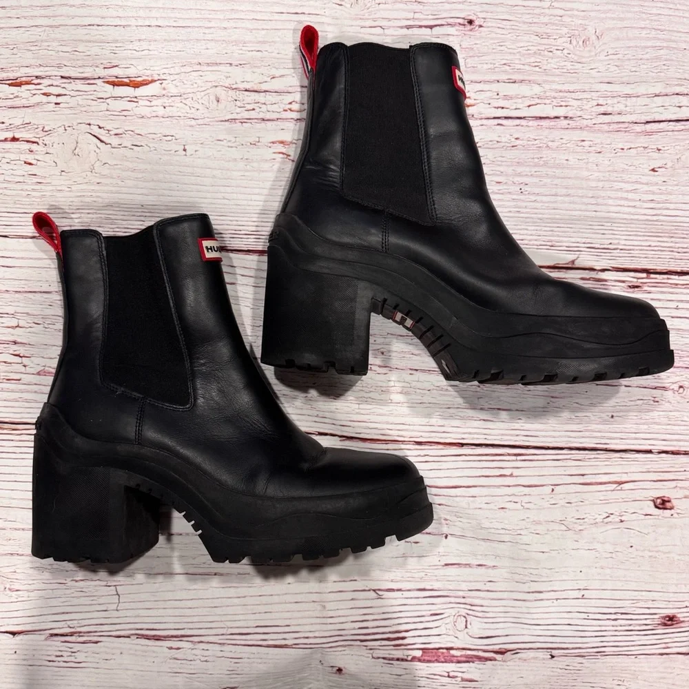 Hunter Miana Waterproof Chelsea Heeled Boots in Black Sz 11